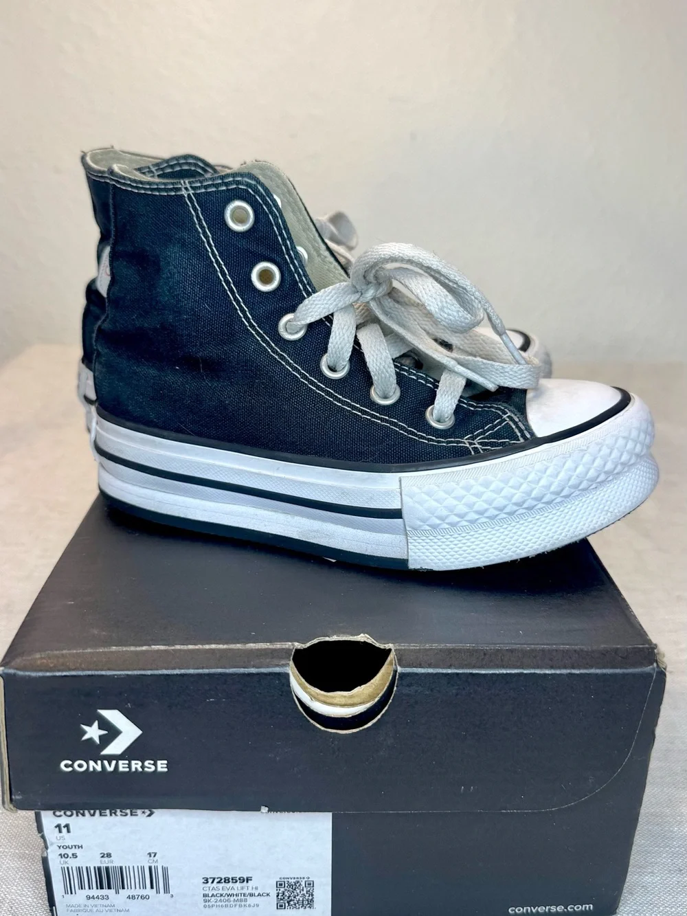Converse All Star Kids Black and White High-Top Canvas Platform Sneakers 11C